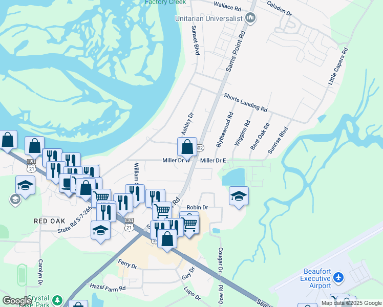 map of restaurants, bars, coffee shops, grocery stores, and more near 65 Sams Point Road in Beaufort