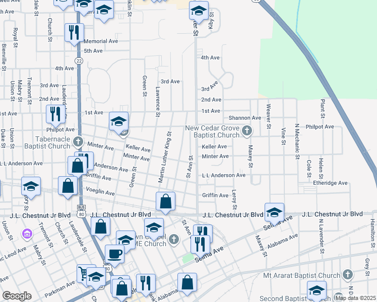 map of restaurants, bars, coffee shops, grocery stores, and more near 1517 Saint Ann Street in Selma