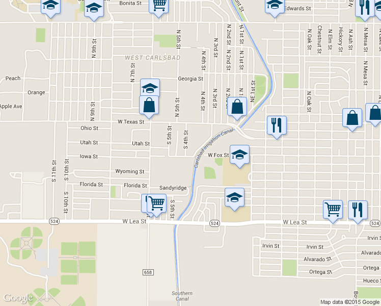 map of restaurants, bars, coffee shops, grocery stores, and more near 208 South 4th Street in Carlsbad