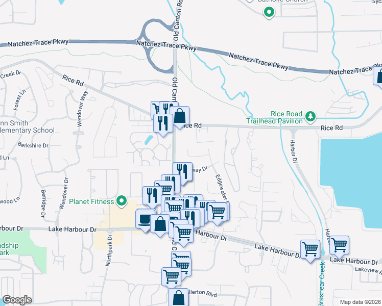 map of restaurants, bars, coffee shops, grocery stores, and more near 120 Chinquipin Cove in Ridgeland