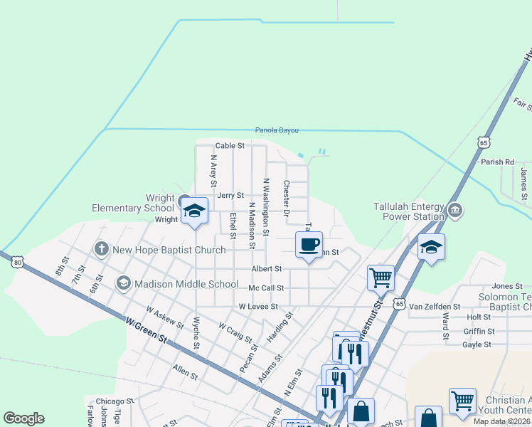 map of restaurants, bars, coffee shops, grocery stores, and more near 402 University Street in Tallulah