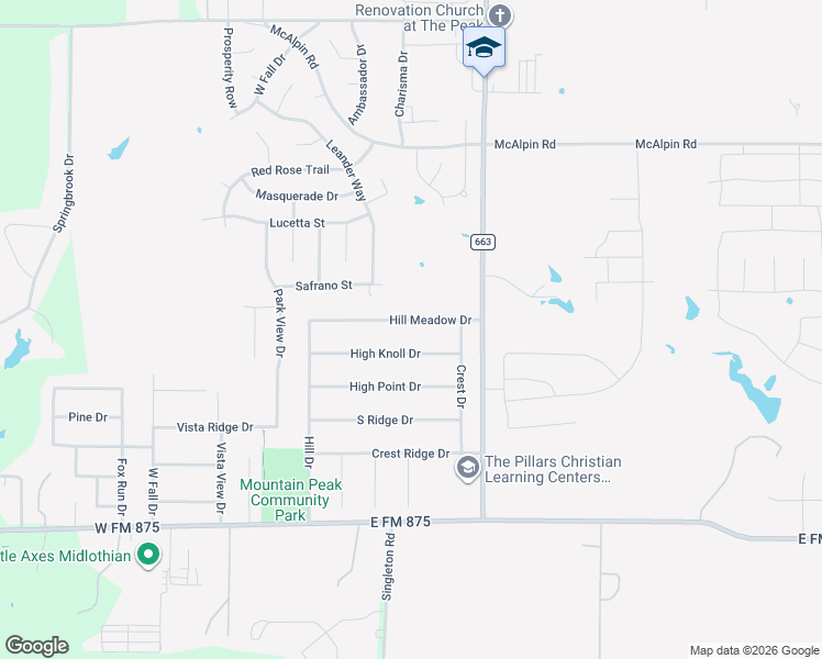 map of restaurants, bars, coffee shops, grocery stores, and more near 910 Hill Meadow Drive in Midlothian
