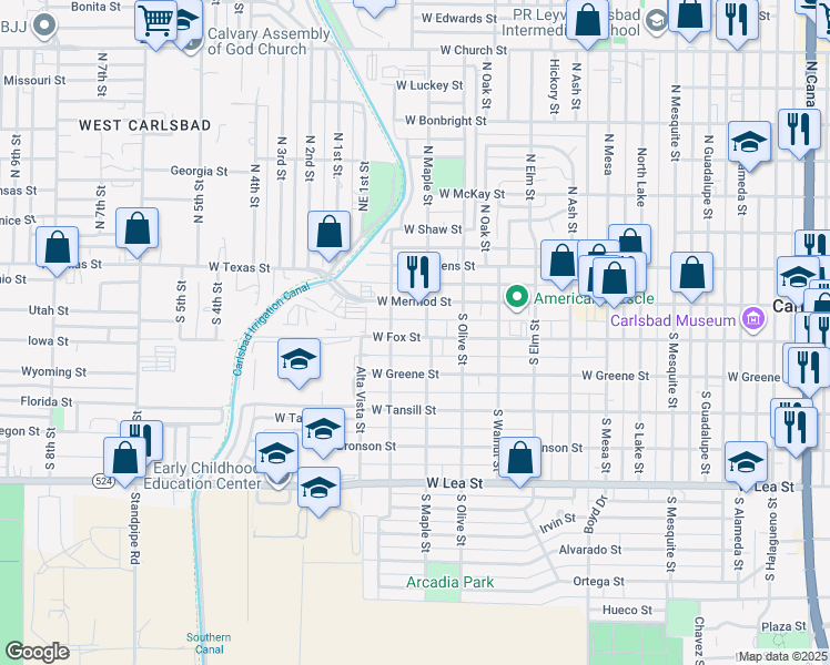 map of restaurants, bars, coffee shops, grocery stores, and more near 113 South Maple Street in Carlsbad