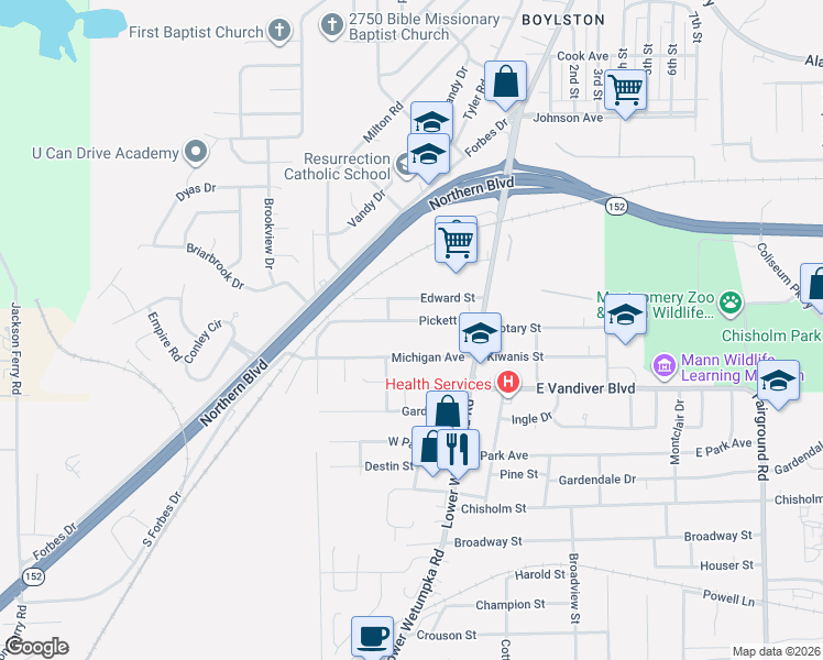 map of restaurants, bars, coffee shops, grocery stores, and more near 27 Pickett St in Montgomery