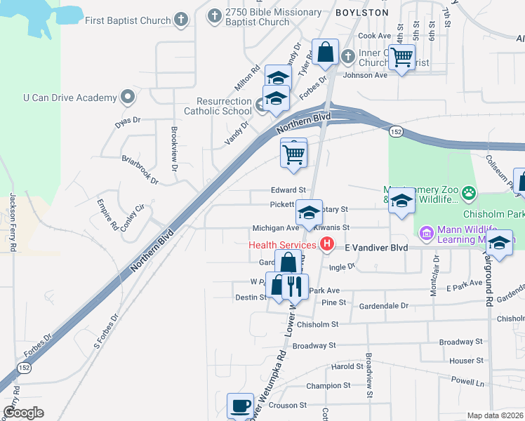 map of restaurants, bars, coffee shops, grocery stores, and more near 27 Pickett St in Montgomery