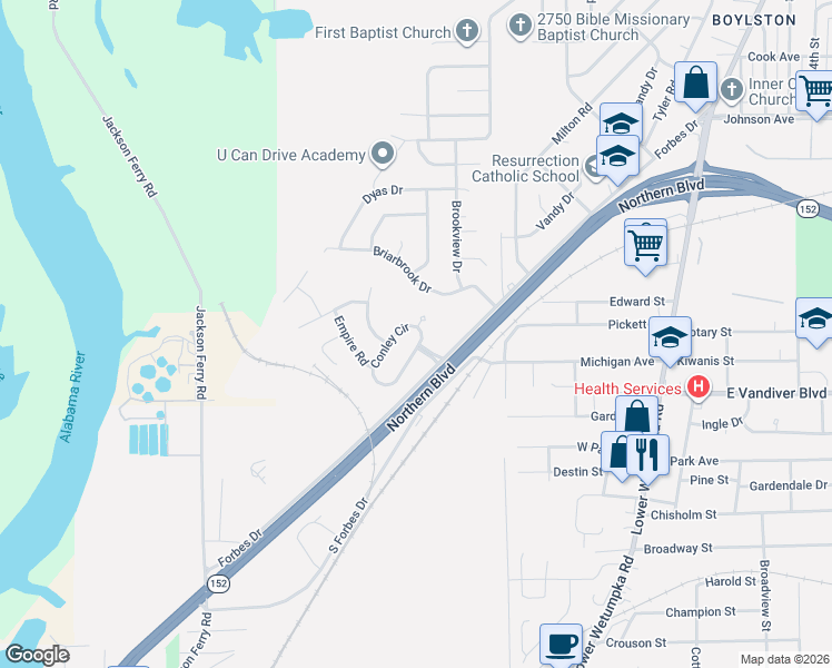 map of restaurants, bars, coffee shops, grocery stores, and more near 151 Conley Circle in Montgomery