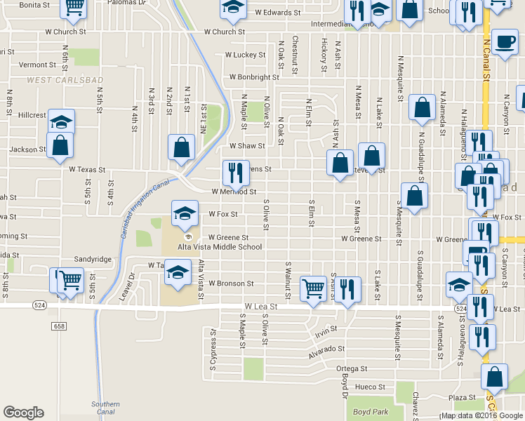 map of restaurants, bars, coffee shops, grocery stores, and more near 113 S Olive St in Carlsbad