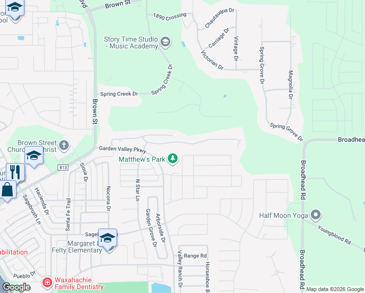 map of restaurants, bars, coffee shops, grocery stores, and more near 130 Old Bridge Road in Waxahachie