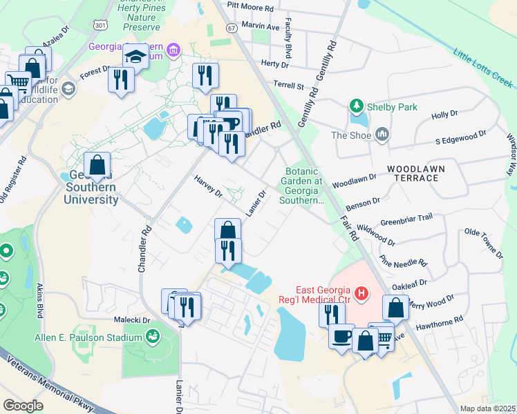 map of restaurants, bars, coffee shops, grocery stores, and more near 107 Lanier Drive in Statesboro