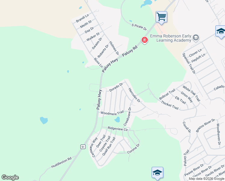 map of restaurants, bars, coffee shops, grocery stores, and more near 2201 Woodview Trail in Granbury