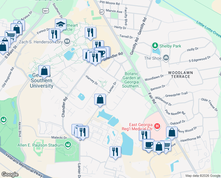 map of restaurants, bars, coffee shops, grocery stores, and more near 107 Lanier Drive in Statesboro