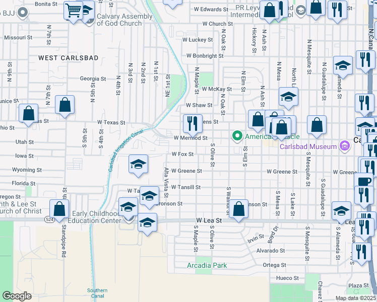map of restaurants, bars, coffee shops, grocery stores, and more near 113 South Maple Street in Carlsbad