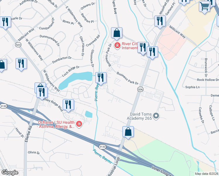 map of restaurants, bars, coffee shops, grocery stores, and more near 8873 Quimper Place in Shreveport