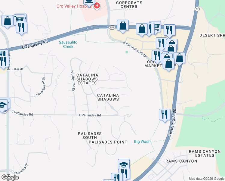 map of restaurants, bars, coffee shops, grocery stores, and more near 1790 East Ganymede Drive in Tucson
