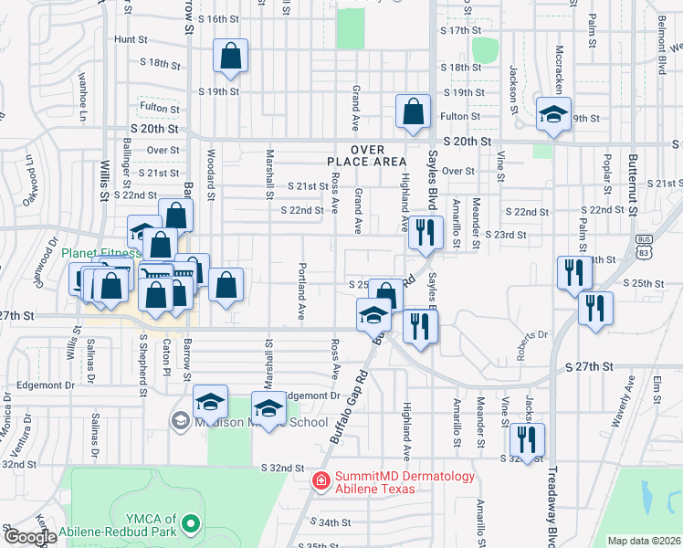 map of restaurants, bars, coffee shops, grocery stores, and more near 2500 South 25th Street in Abilene