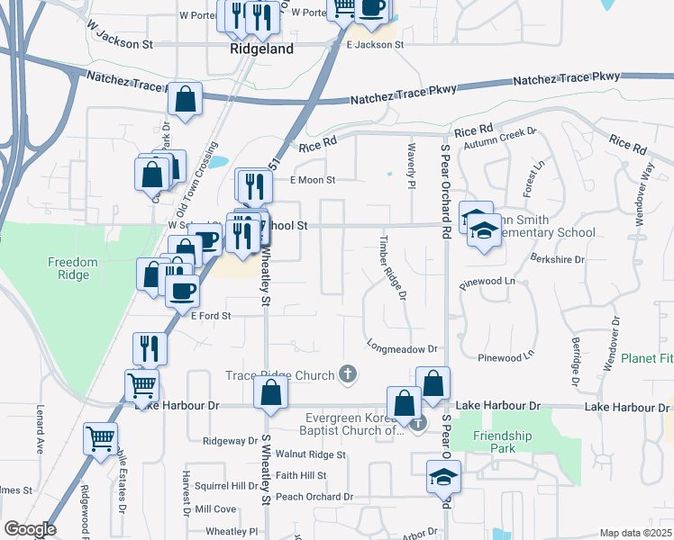 map of restaurants, bars, coffee shops, grocery stores, and more near 331 Southridge Drive in Ridgeland