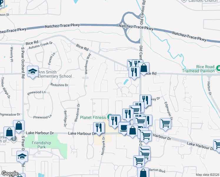 map of restaurants, bars, coffee shops, grocery stores, and more near 614 Sawpine Lane in Ridgeland
