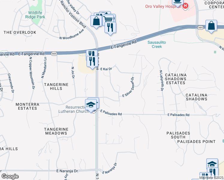 map of restaurants, bars, coffee shops, grocery stores, and more near 11771 North Silverscape Drive in Oro Valley