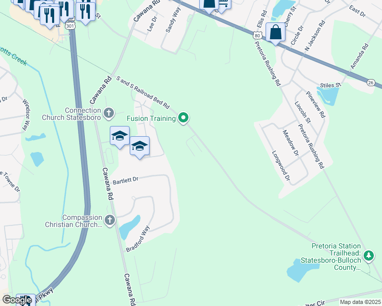 map of restaurants, bars, coffee shops, grocery stores, and more near S.S. Railroad Bed Road in Statesboro