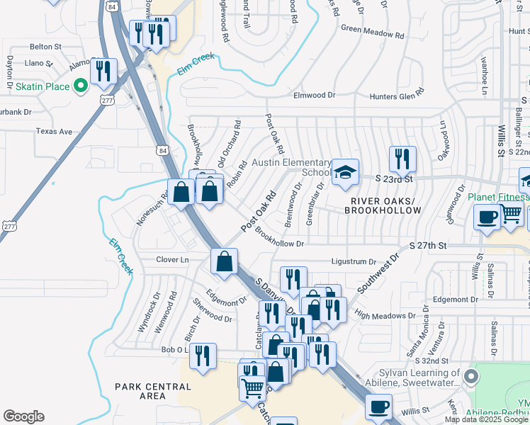 map of restaurants, bars, coffee shops, grocery stores, and more near 2425 Brookhollow Drive in Abilene