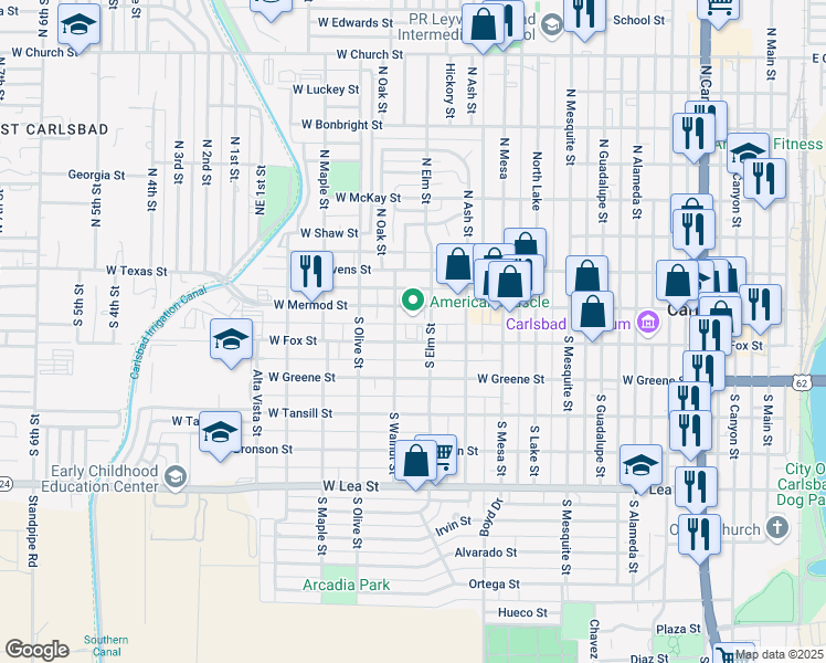 map of restaurants, bars, coffee shops, grocery stores, and more near 150-198 South Elm Street in Carlsbad