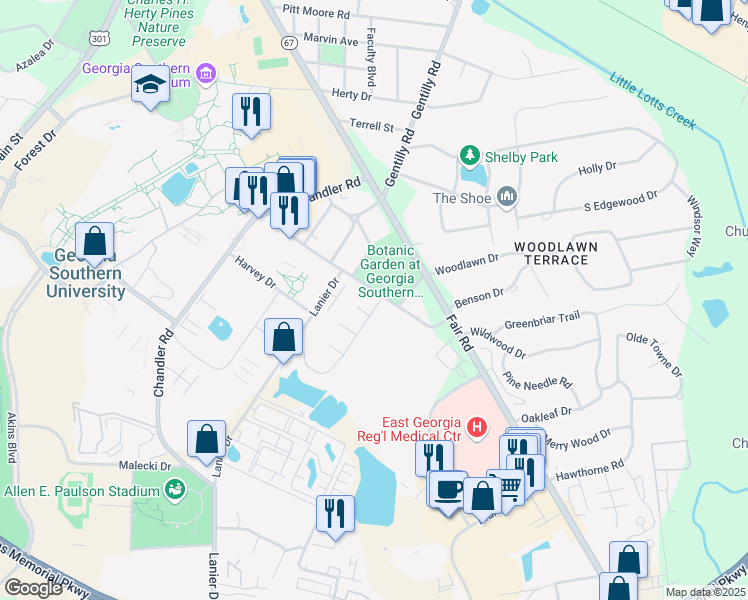 map of restaurants, bars, coffee shops, grocery stores, and more near 602 Georgia Avenue in Statesboro