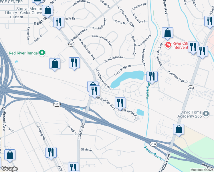 map of restaurants, bars, coffee shops, grocery stores, and more near 9000 West Wilderness Way in Shreveport