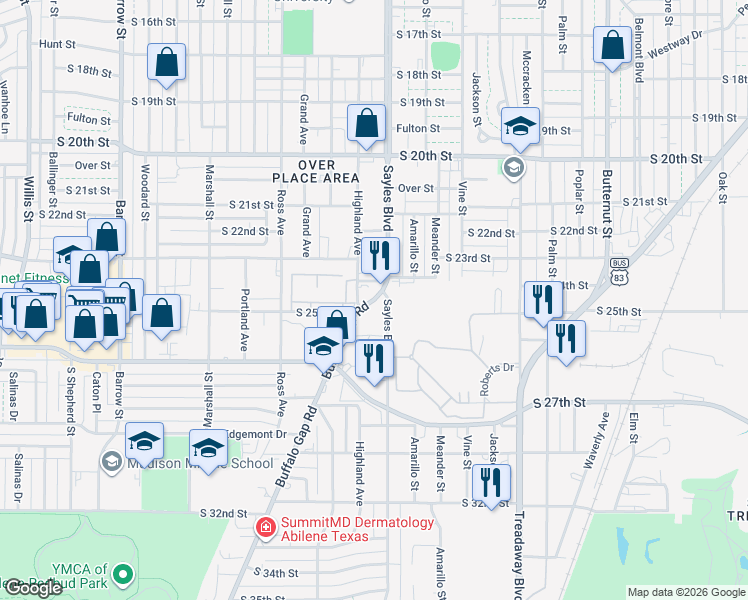 map of restaurants, bars, coffee shops, grocery stores, and more near 2434 Buffalo Gap Road in Abilene