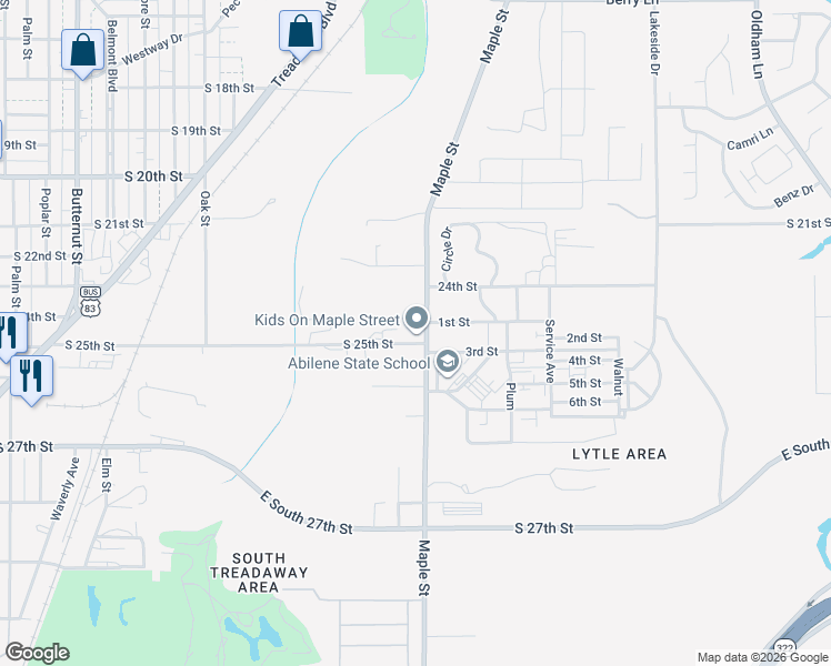 map of restaurants, bars, coffee shops, grocery stores, and more near 2450 Maple Street in Abilene