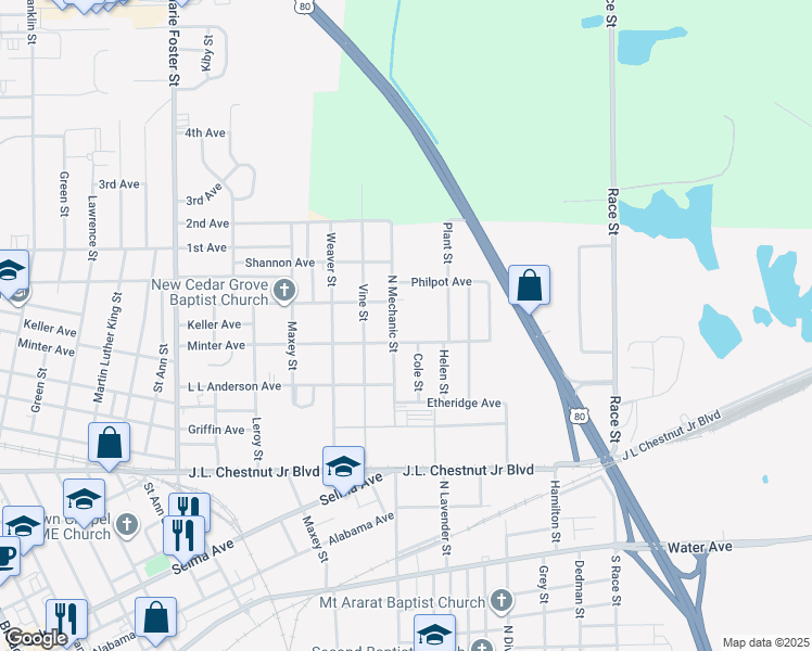 map of restaurants, bars, coffee shops, grocery stores, and more near 2501 Minter Avenue in Selma