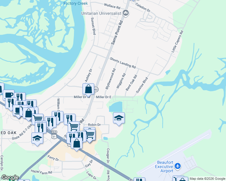map of restaurants, bars, coffee shops, grocery stores, and more near 3 Wiggins Rd in Beaufort