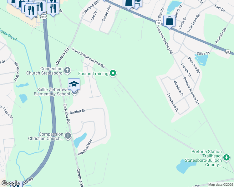 map of restaurants, bars, coffee shops, grocery stores, and more near S.S. Railroad Bed Road in Statesboro