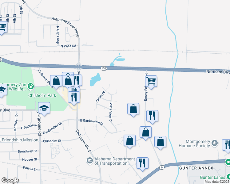map of restaurants, bars, coffee shops, grocery stores, and more near 1819 Vista View Drive in Montgomery