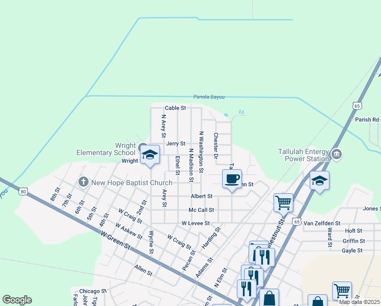 map of restaurants, bars, coffee shops, grocery stores, and more near 402 University Street in Tallulah