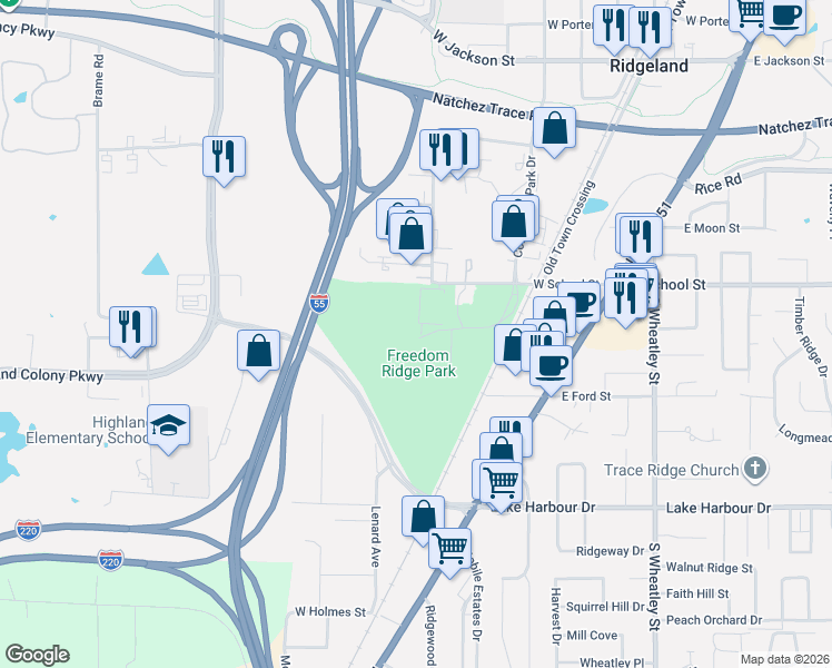 map of restaurants, bars, coffee shops, grocery stores, and more near 426 Lenard Avenue in Ridgeland
