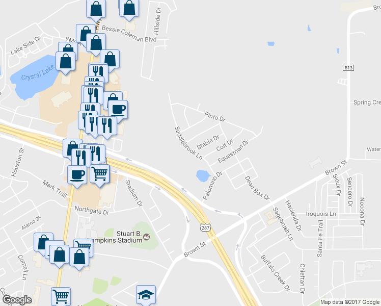 map of restaurants, bars, coffee shops, grocery stores, and more near 227 Saddlebrook Lane in Waxahachie
