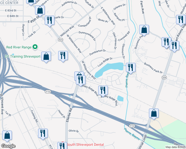 map of restaurants, bars, coffee shops, grocery stores, and more near 8845 West Wilderness Way in Shreveport