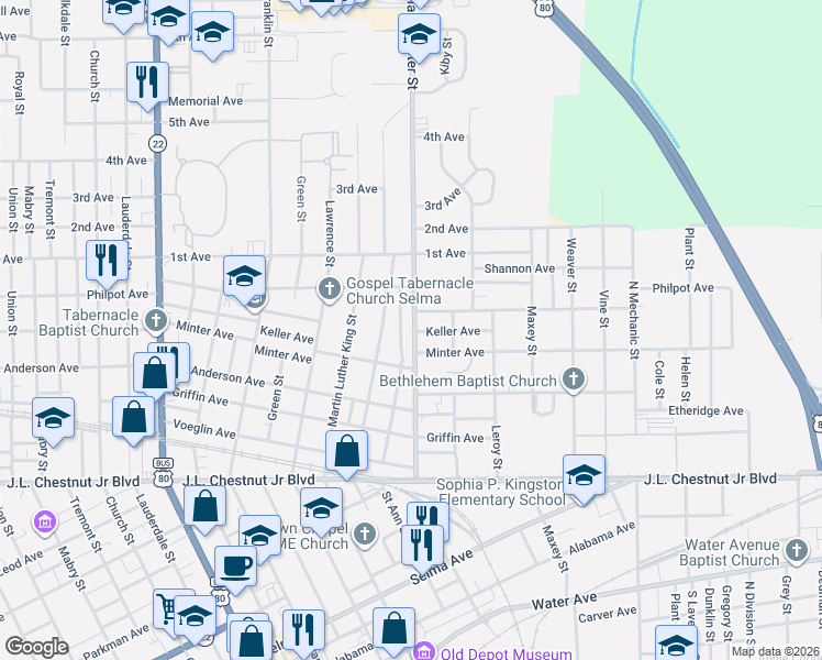 map of restaurants, bars, coffee shops, grocery stores, and more near 1537 Marie Foster Street in Selma