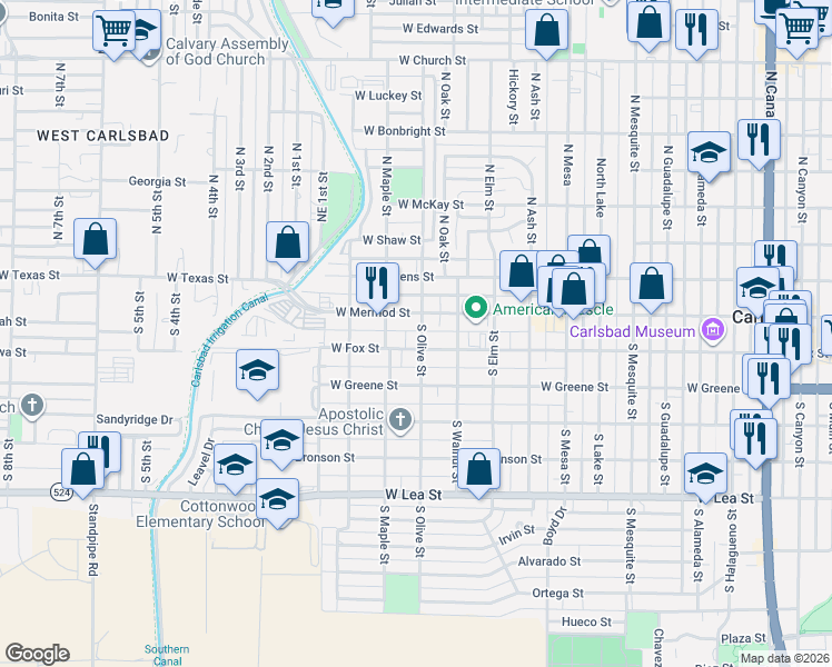 map of restaurants, bars, coffee shops, grocery stores, and more near 113 S Olive St in Carlsbad