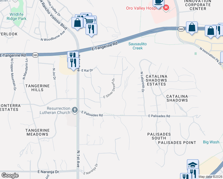 map of restaurants, bars, coffee shops, grocery stores, and more near 11787 East Silver Desert Drive in Oro Valley
