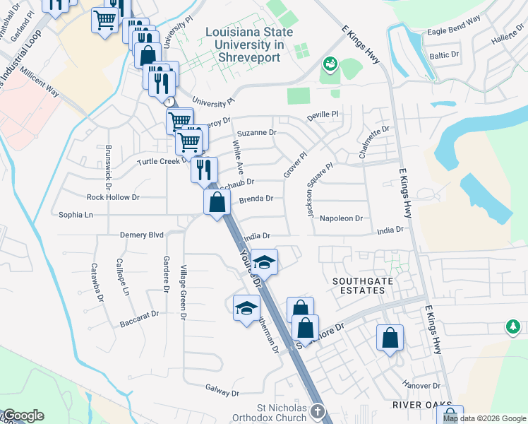 map of restaurants, bars, coffee shops, grocery stores, and more near 222 Martha Anne Drive in Shreveport