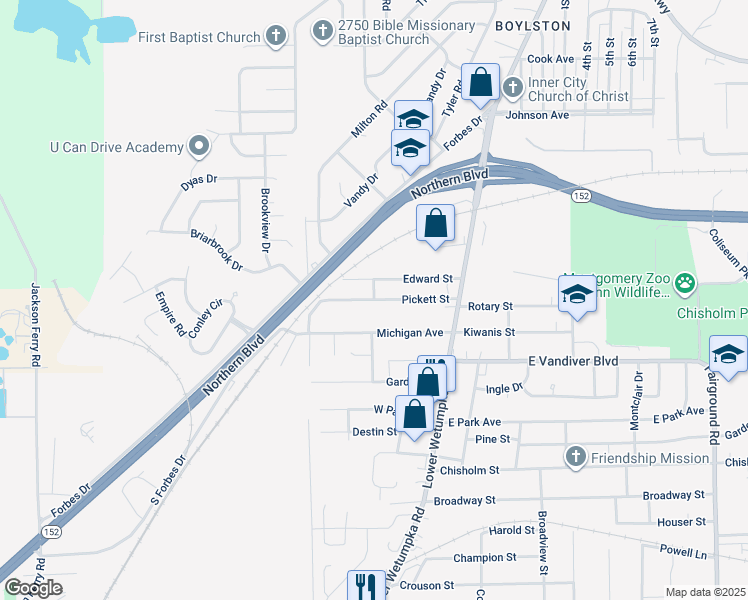 map of restaurants, bars, coffee shops, grocery stores, and more near 723 Edward Street in Montgomery