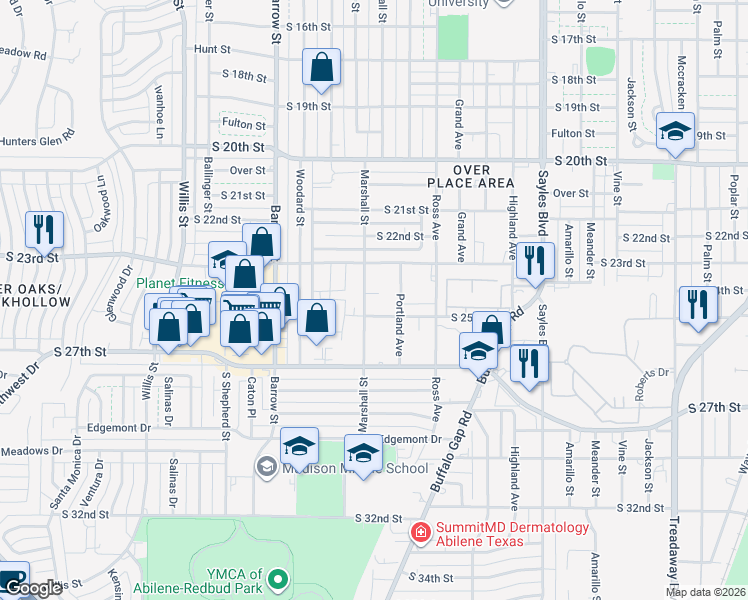 map of restaurants, bars, coffee shops, grocery stores, and more near 2450 Marshall Street in Abilene