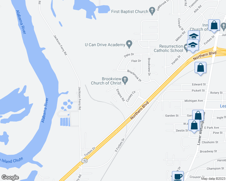 map of restaurants, bars, coffee shops, grocery stores, and more near 405 Empire Court in Montgomery