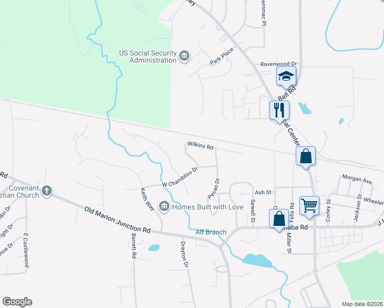 map of restaurants, bars, coffee shops, grocery stores, and more near 6 Wilkins Road in Selma