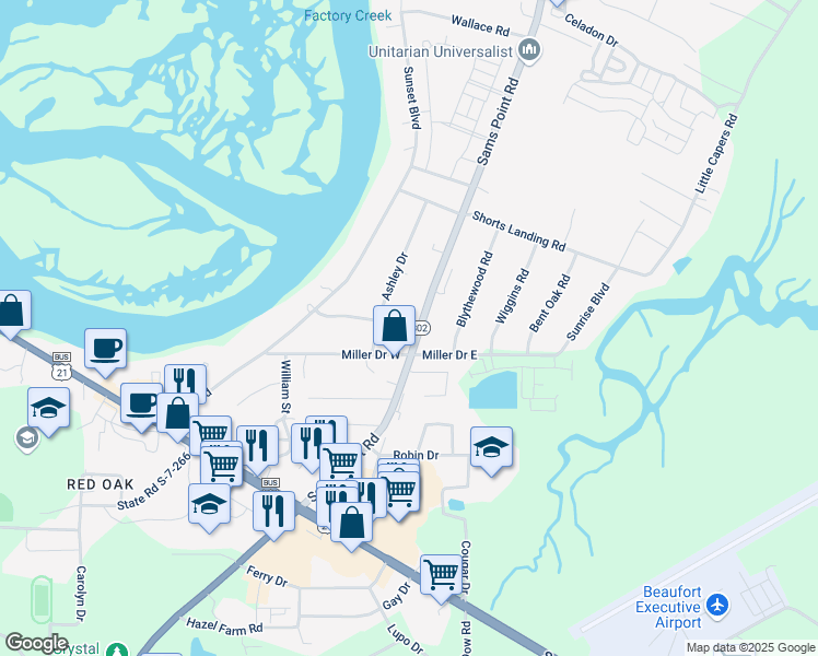 map of restaurants, bars, coffee shops, grocery stores, and more near 67 Sams Point Road in Beaufort