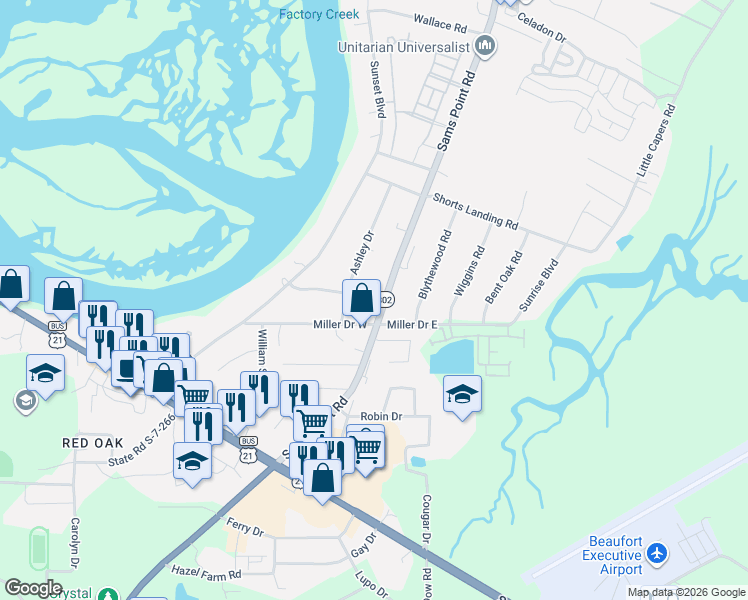 map of restaurants, bars, coffee shops, grocery stores, and more near 65 Sams Point Road in Beaufort