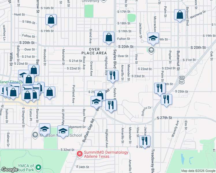 map of restaurants, bars, coffee shops, grocery stores, and more near 2450 Buffalo Gap Road in Abilene