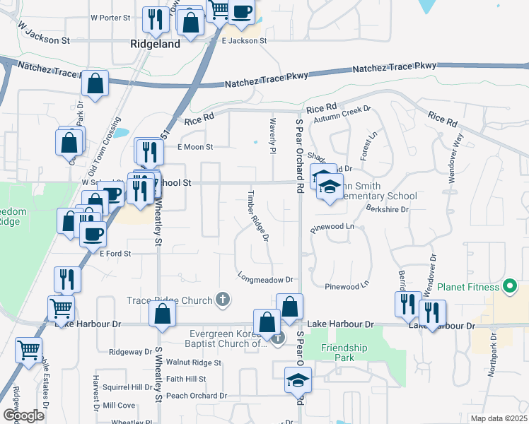 map of restaurants, bars, coffee shops, grocery stores, and more near 307 Pear Orchard Place in Ridgeland
