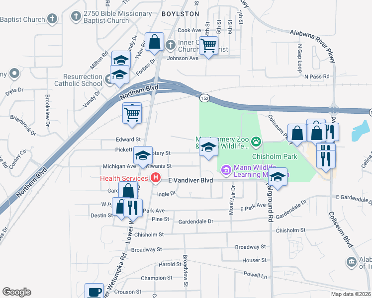 map of restaurants, bars, coffee shops, grocery stores, and more near 114 Rotary Street in Montgomery